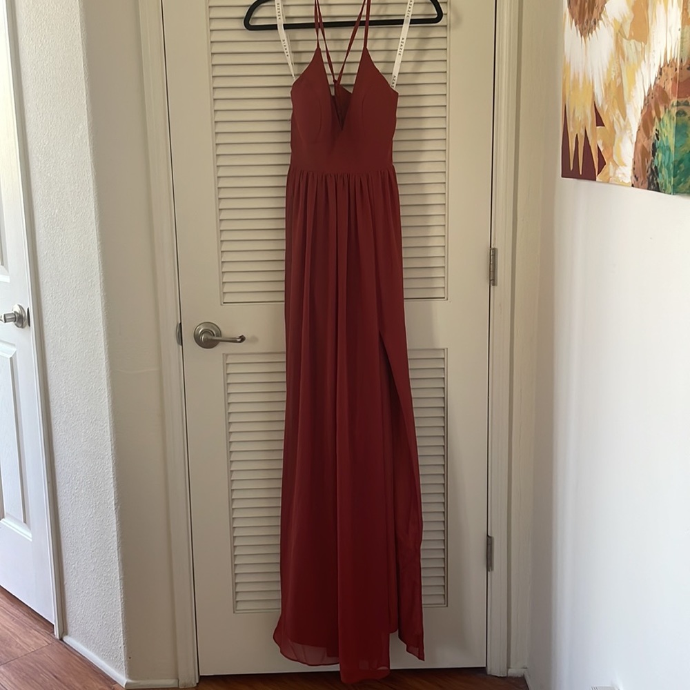 NWT. Azazie Terracotta Aaida Dress with sizing that matches A4 size closely.